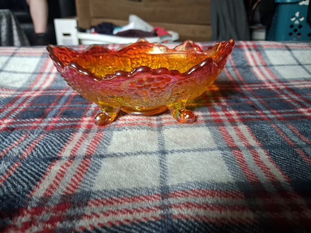 Vintage Northwoods Glass Carnival Glass Oval 4-Footed Grape & Cable Banana Bowl